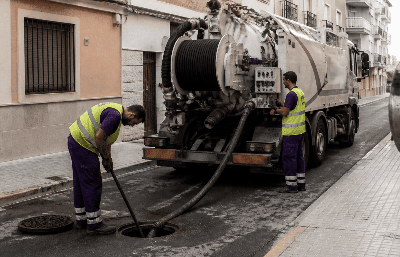 Camión cuba operando en una calle de Alicante con técnicos y mangueras de impulsión y aspiración