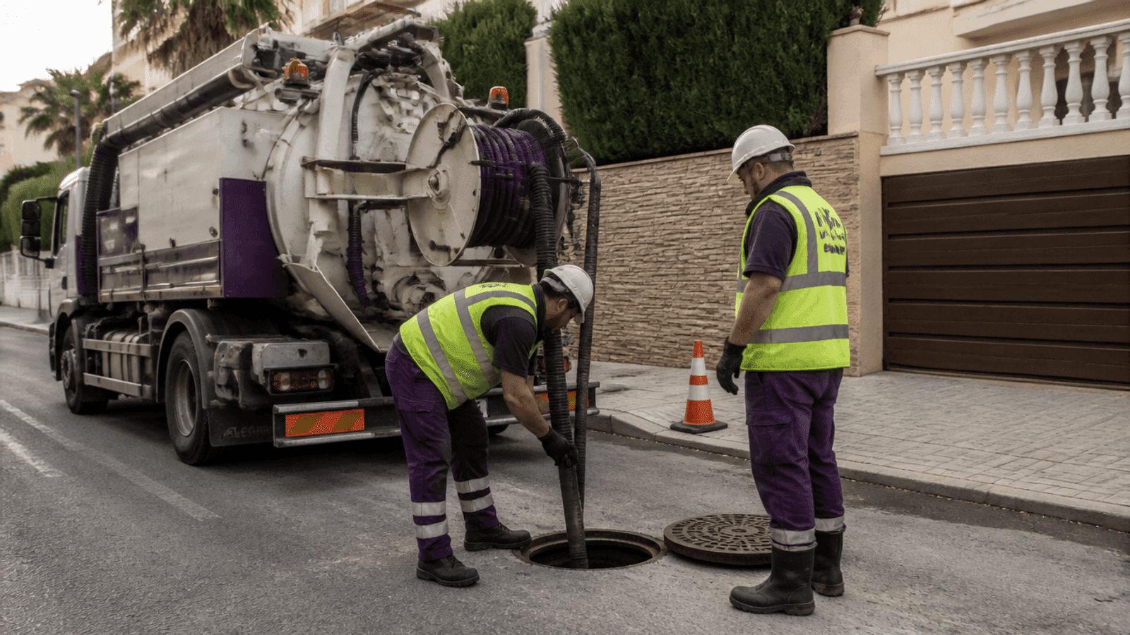 Camión cuba de desatascos operando en una calle residencial de Alicante con técnicos conectando mangueras a un registro